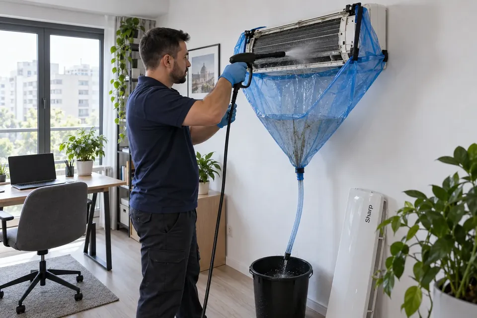Curatarea unui aparat de aer conditionat Sharp cu husa si sac de colectare, in Bucuresti