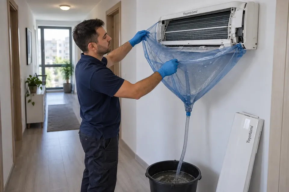 Curatarea unui aparat de aer conditionat Toyotomi cu husa si sac de colectare, in Bucuresti