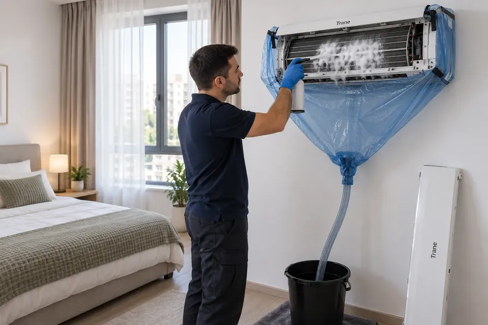 Curatarea unui aparat de aer conditionat Trane cu husa si sac de colectare, in Bucuresti