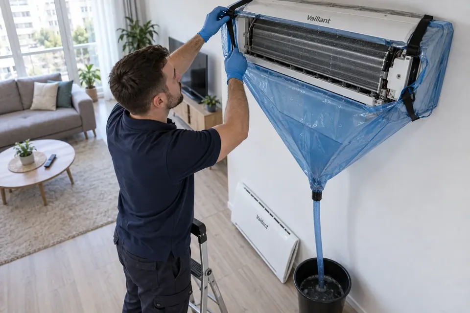 Curatarea unui aparat de aer conditionat Vaillant cu husa si sac de colectare, in Bucuresti