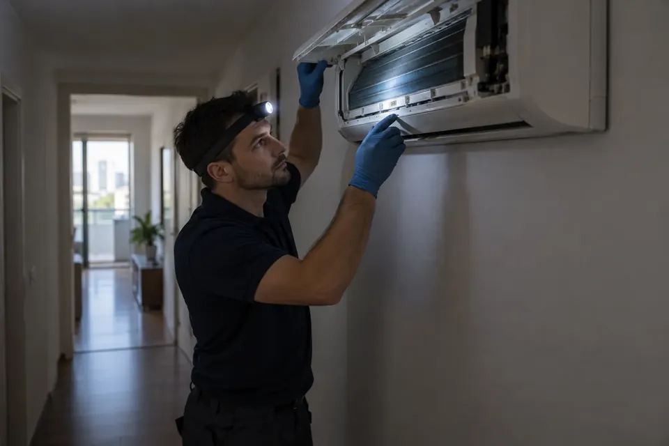 Inspectie cu lanterna frontala in interiorul aparatului