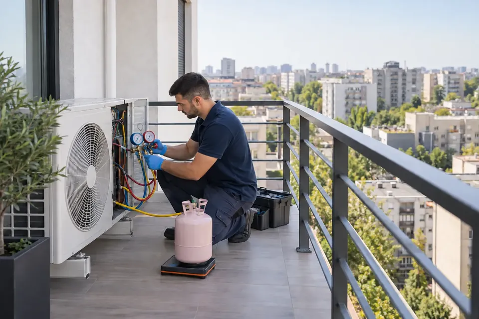 Service de agent frigorific pe un balcon din Bucuresti